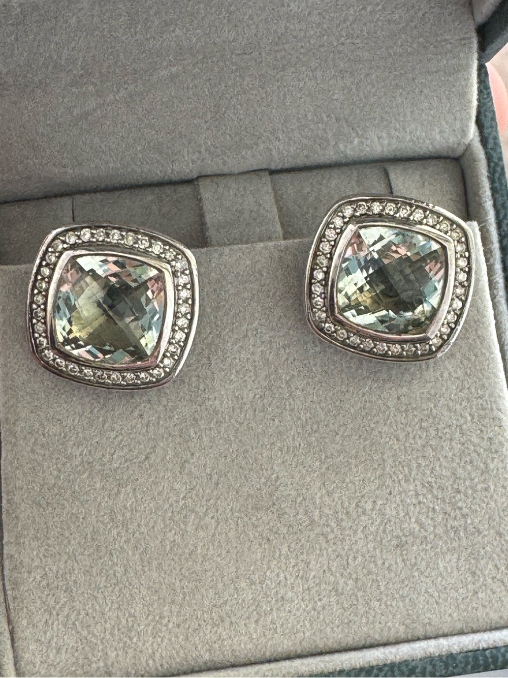 David Yurman 925 Silver Diamond Halo 14 mm PRASIOLITE Omega Post ALBION Earrings